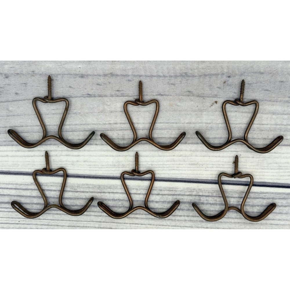 LOT OF 6 ANTIQUE‎ BENT WIRE SCREW IN OVERHEAD / UNDER COUNTER  COAT HOOKS